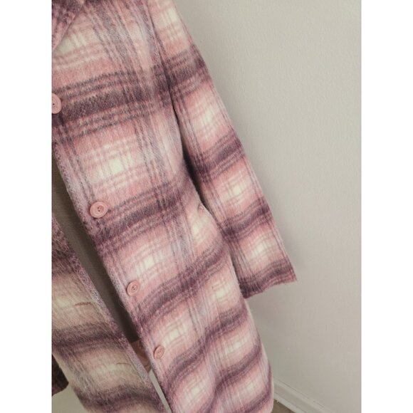 Hennes HM Vintage Pink Plaid Wool Blend Single Breasted Long Mid Coat 10 M - Picture 3 of 12